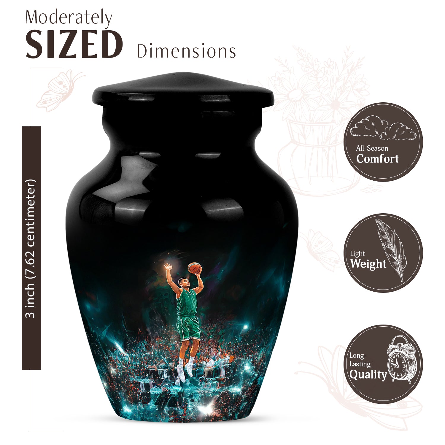 Obsidian Black Basketball Cremation Urn close-up of engraving and surface detail - elegant classic basketball relief with fine detailing - mini keepsake memorial for portion of cremation ashes