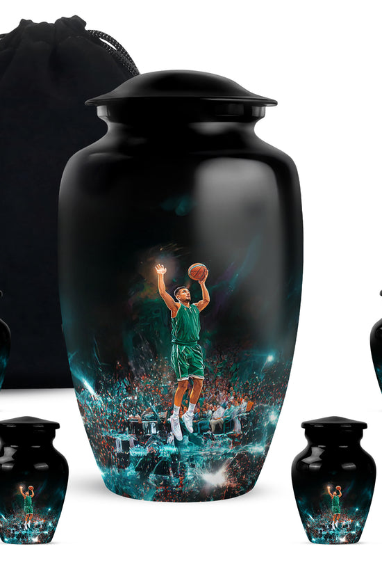 Rich Black Basketball Cremation Urn top-down view of secure threaded lid - timeless basketball motif etched into premium metal - memorial set with one large and four small urns