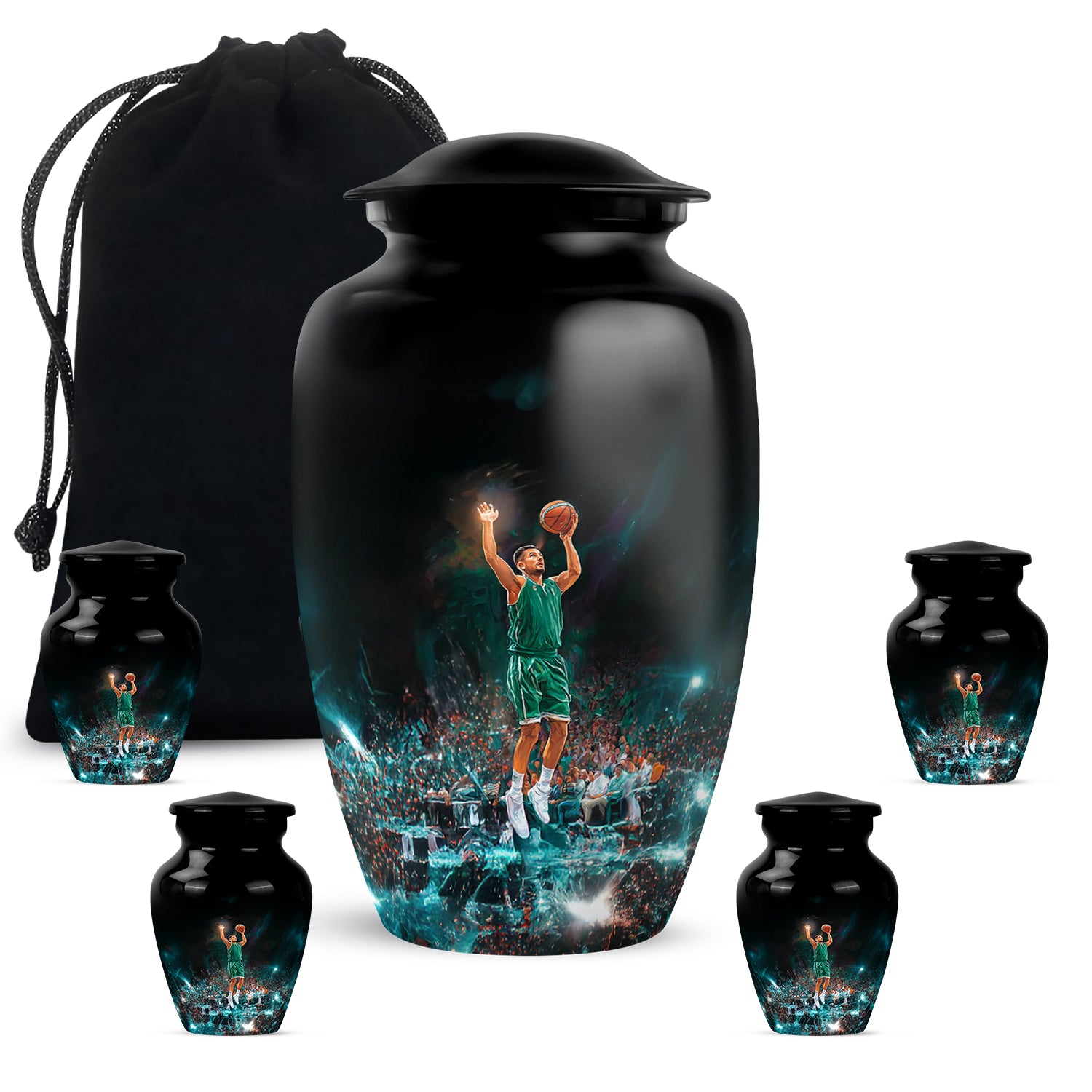 Rich Black Basketball Cremation Urn top-down view of secure threaded lid - timeless basketball motif etched into premium metal - memorial set with one large and four small urns