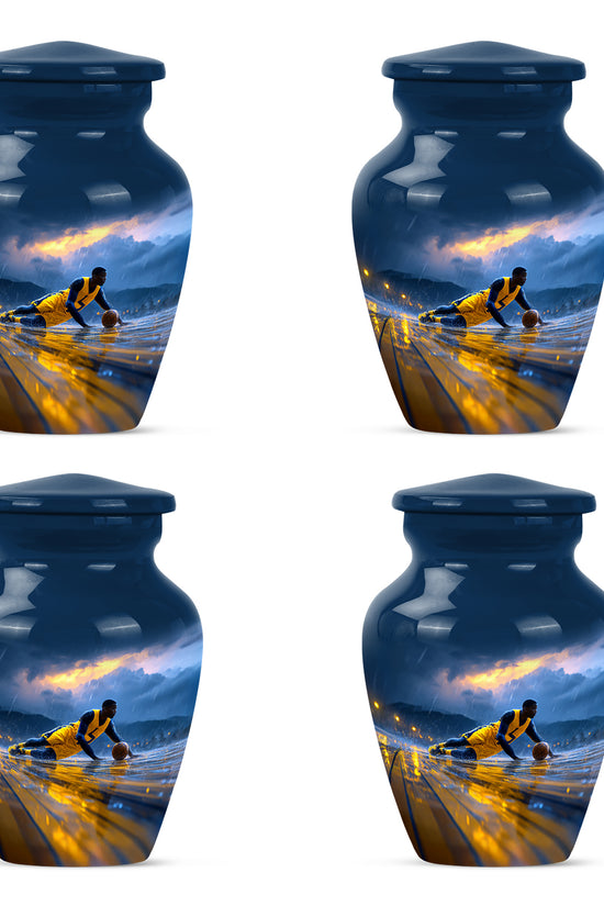 Powder Blue Basketball Cremation Urn side profile showing urn shape - timeless basketball motif etched into premium metal - 10 inch aluminum urn for cremated remains