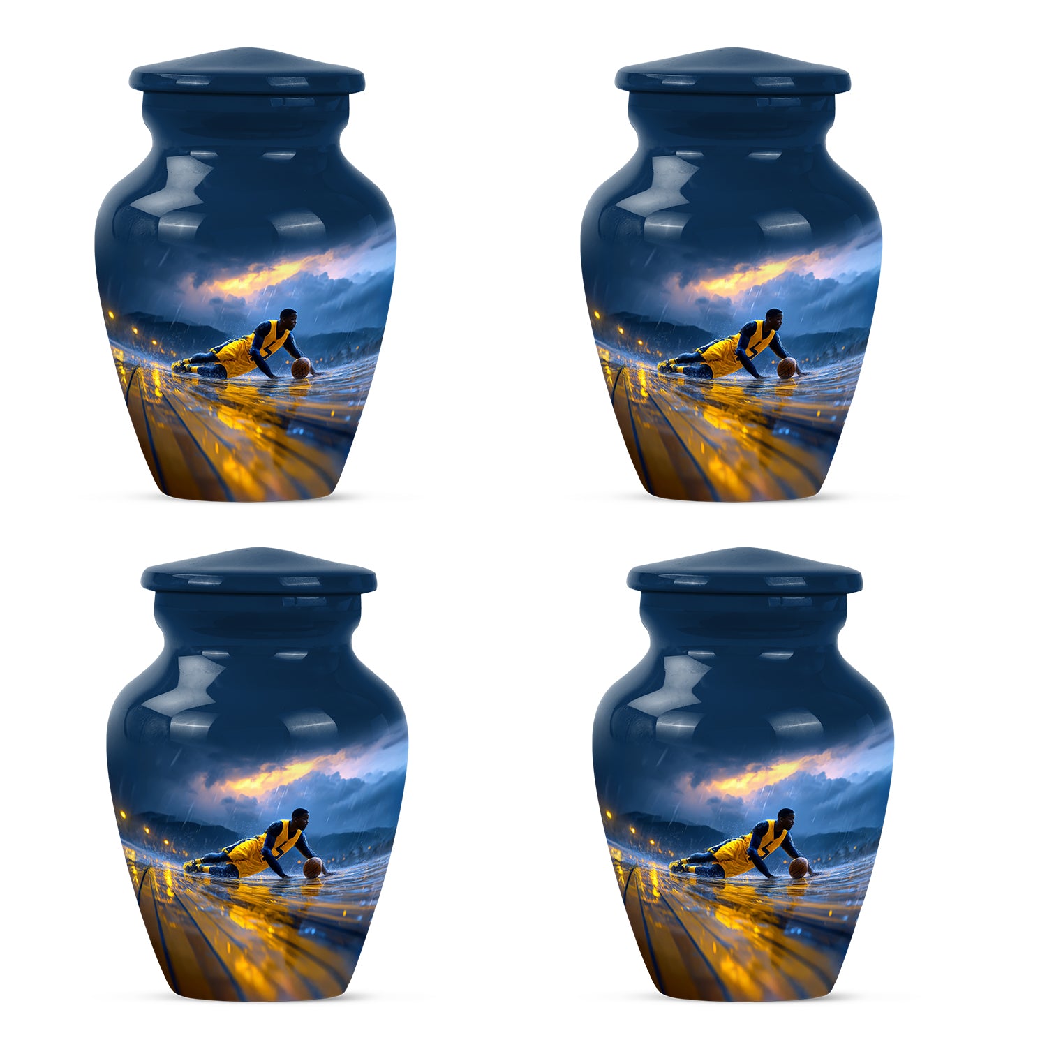 Powder Blue Basketball Cremation Urn side profile showing urn shape - timeless basketball motif etched into premium metal - 10 inch aluminum urn for cremated remains