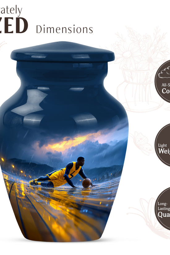 Calming Blue Basketball Cremation Urn close-up of engraving and surface detail - traditional basketball engraving with hand-polished finish - mini keepsake memorial for portion of cremation ashes