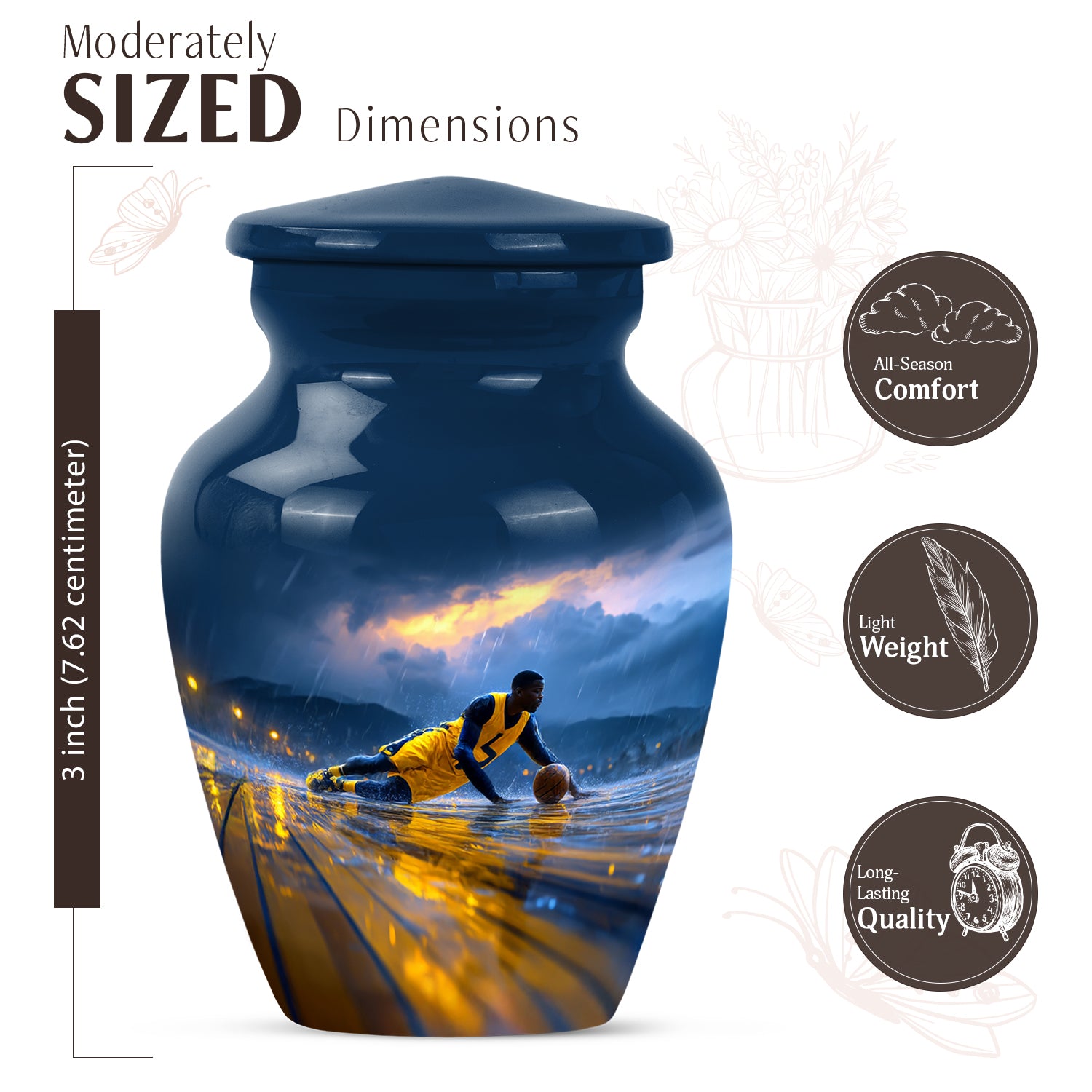 Calming Blue Basketball Cremation Urn close-up of engraving and surface detail - traditional basketball engraving with hand-polished finish - mini keepsake memorial for portion of cremation ashes