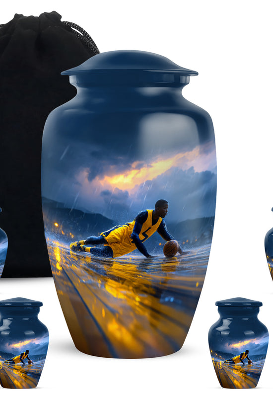 Powder Blue Basketball Cremation Urn top-down view of secure threaded lid - classic sculpted basketball pattern on smooth aluminum - memorial set with one large and four small urns
