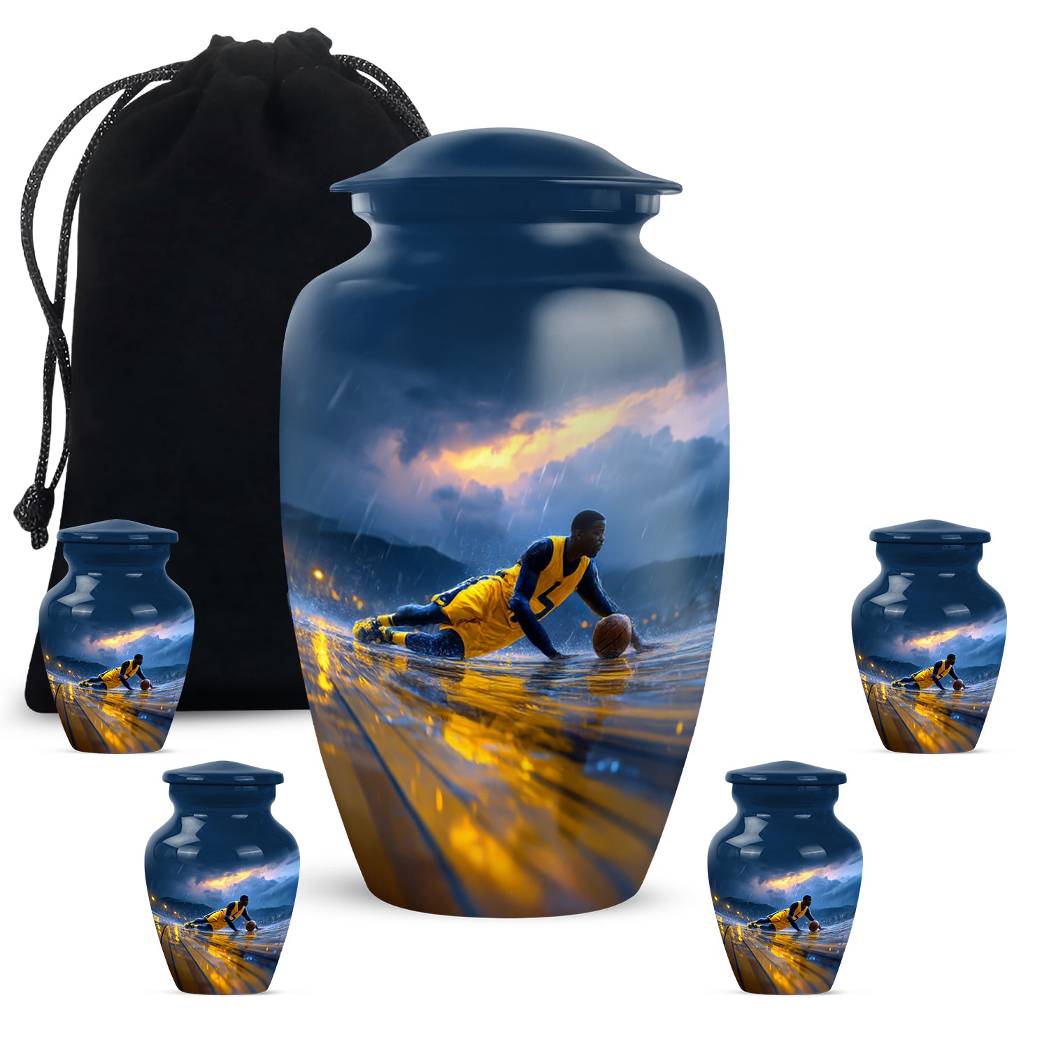 Powder Blue Basketball Cremation Urn top-down view of secure threaded lid - classic sculpted basketball pattern on smooth aluminum - memorial set with one large and four small urns
