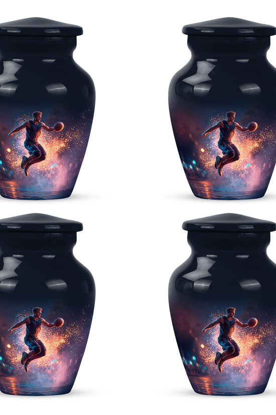 Dusty Blue Basketball Cremation Urn side profile showing urn shape - timeless basketball motif etched into premium metal - 10 inch aluminum urn for cremated remains