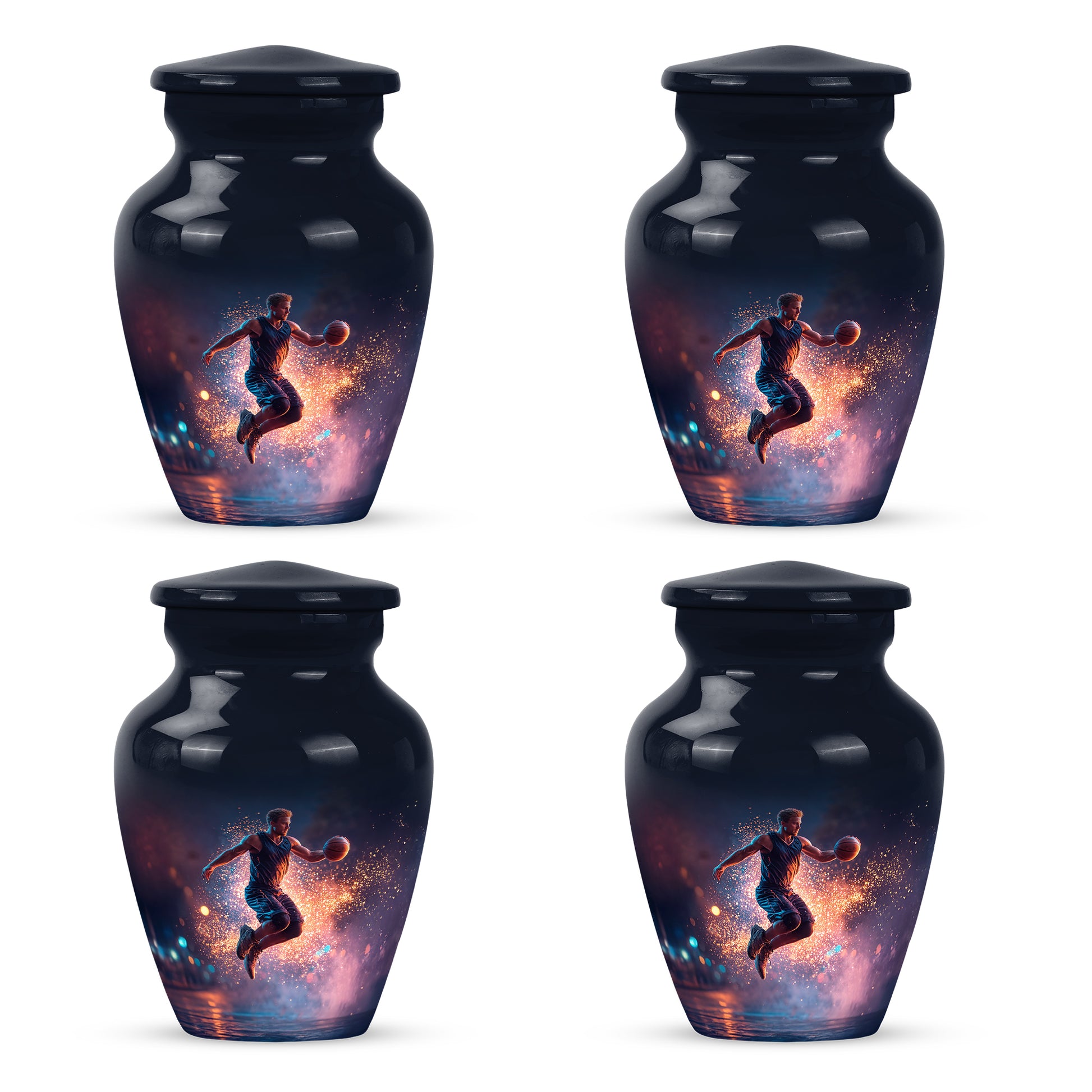 Dusty Blue Basketball Cremation Urn side profile showing urn shape - timeless basketball motif etched into premium metal - 10 inch aluminum urn for cremated remains