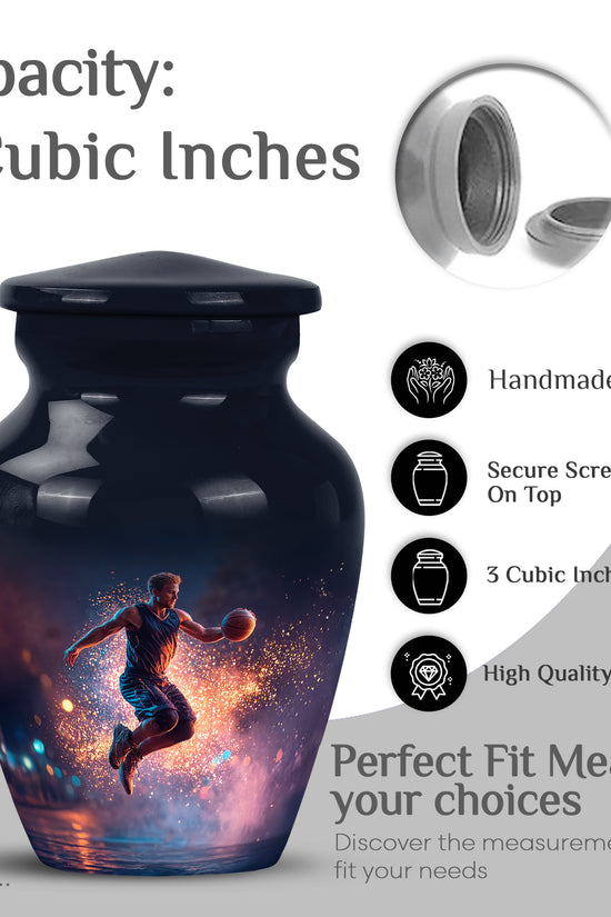 Cobalt Blue Basketball Cremation Urn close-up of engraving and surface detail - traditional basketball engraving with hand-polished finish - mini keepsake memorial for portion of cremation ashes
