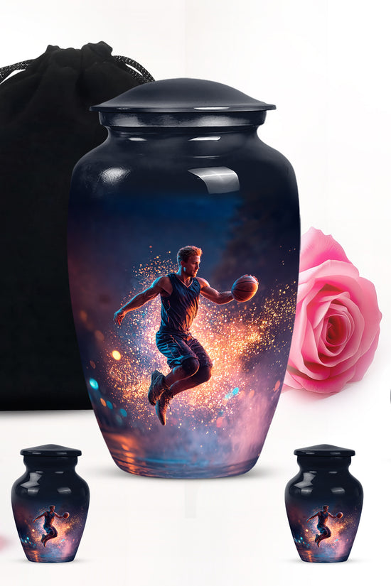 Sky Blue Basketball Cremation Urn top-down view of secure threaded lid - timeless basketball motif etched into premium metal - memorial set with one large and four small urns