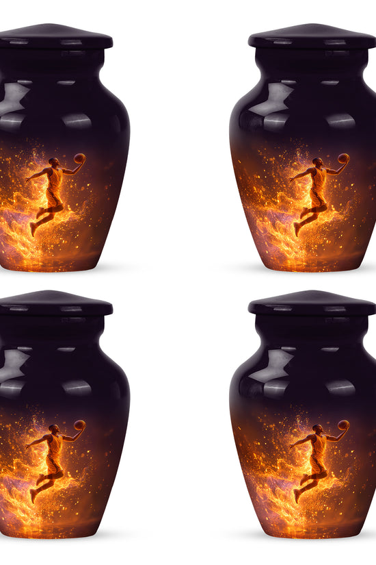 Jet Black Basketball Cremation Urn side profile showing urn shape - timeless basketball motif etched into premium metal - 10 inch aluminum urn for cremated remains