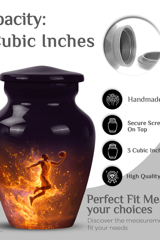 Deep Black Basketball Cremation Urn close-up of engraving and surface detail - timeless basketball motif etched into premium metal - mini keepsake memorial for portion of cremation ashes