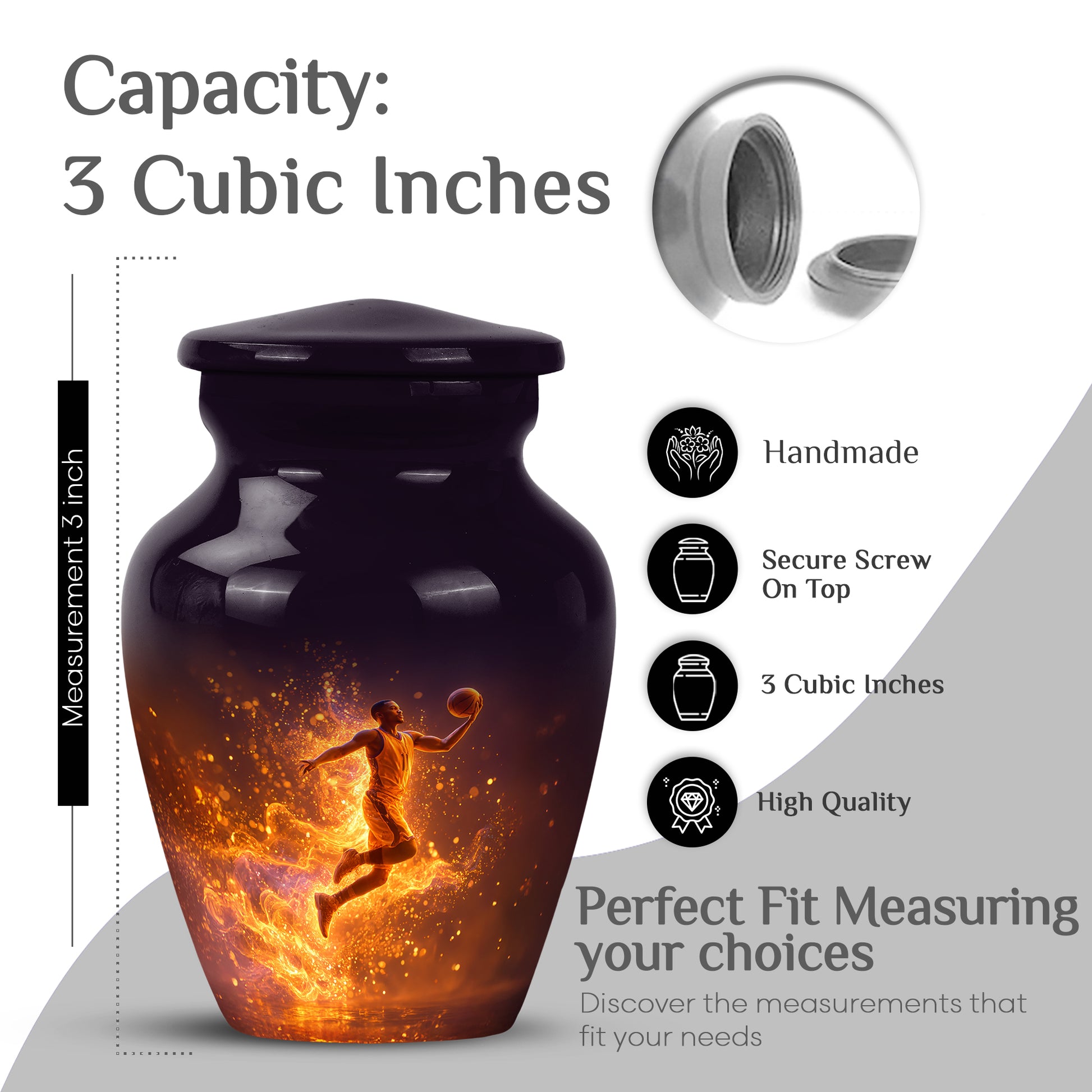 Deep Black Basketball Cremation Urn close-up of engraving and surface detail - timeless basketball motif etched into premium metal - mini keepsake memorial for portion of cremation ashes