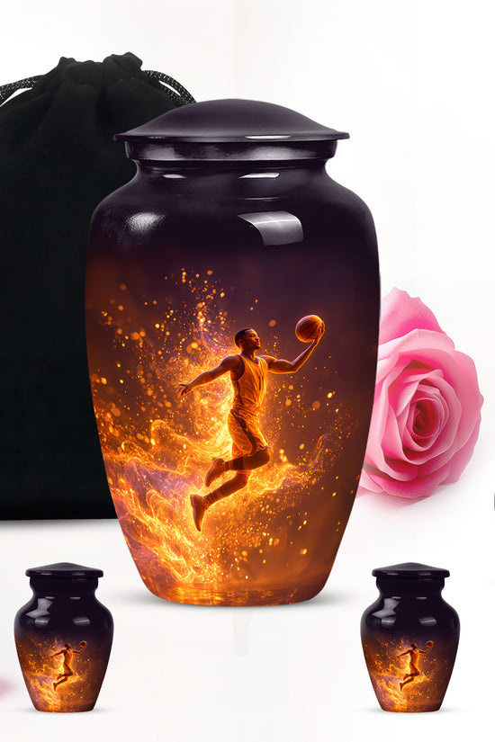 Ebony Basketball Cremation Urn top-down view of secure threaded lid - timeless basketball motif etched into premium metal - memorial set with one large and four small urns