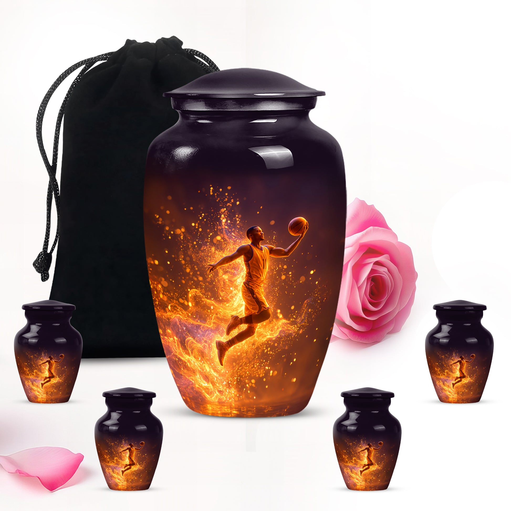 Ebony Basketball Cremation Urn top-down view of secure threaded lid - timeless basketball motif etched into premium metal - memorial set with one large and four small urns