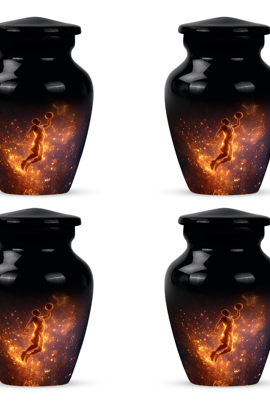 Charcoal Black Basketball Cremation Urn side profile showing urn shape - traditional basketball engraving with hand-polished finish - 10 inch aluminum urn for cremated remains