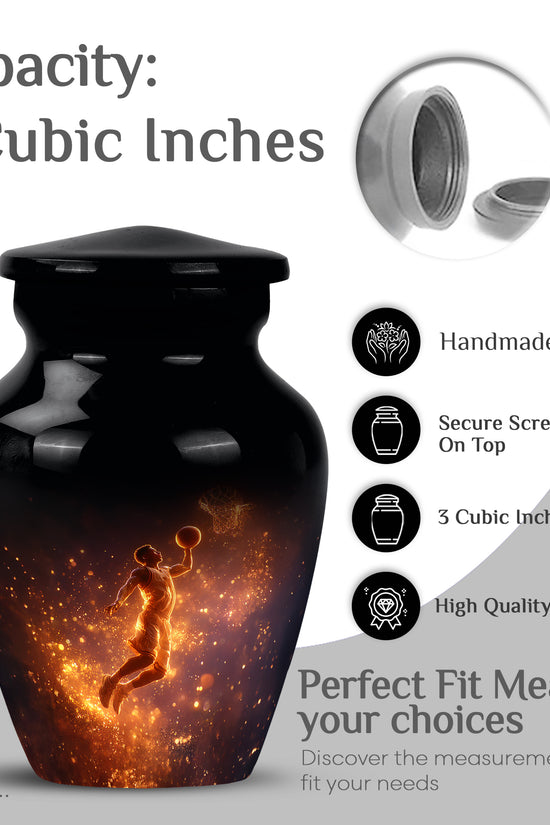 Obsidian Black Basketball Cremation Urn close-up of engraving and surface detail - traditional basketball engraving with hand-polished finish - mini keepsake memorial for portion of cremation ashes