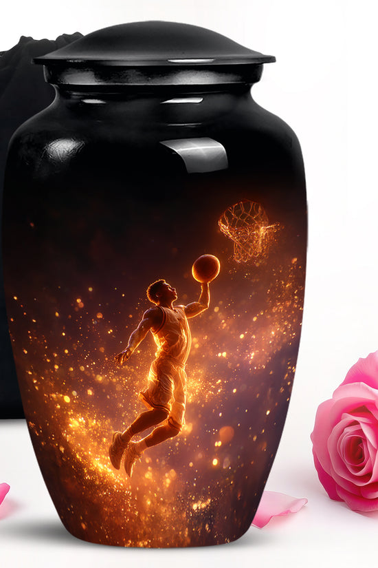 Ebony Basketball Cremation Urn angled view of lid and engraved motif - classic sculpted basketball pattern on smooth aluminum - full-size 10 inch 200 cubic inch adult cremation urn