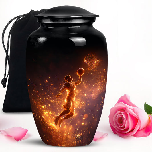 Ebony Basketball Cremation Urn angled view of lid and engraved motif - classic sculpted basketball pattern on smooth aluminum - full-size 10 inch 200 cubic inch adult cremation urn