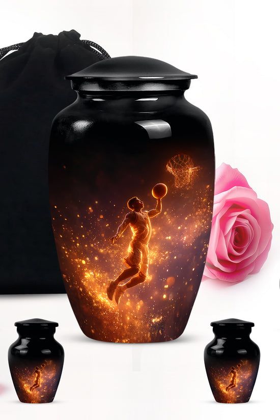 Deep Black Basketball Cremation Urn top-down view of secure threaded lid - classic sculpted basketball pattern on smooth aluminum - memorial set with one large and four small urns