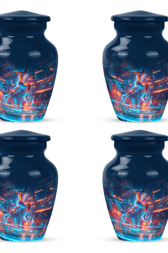 Cornflower Blue Basketball Cremation Urn side profile showing urn shape - elegant classic basketball relief with fine detailing - 10 inch aluminum urn for cremated remains
