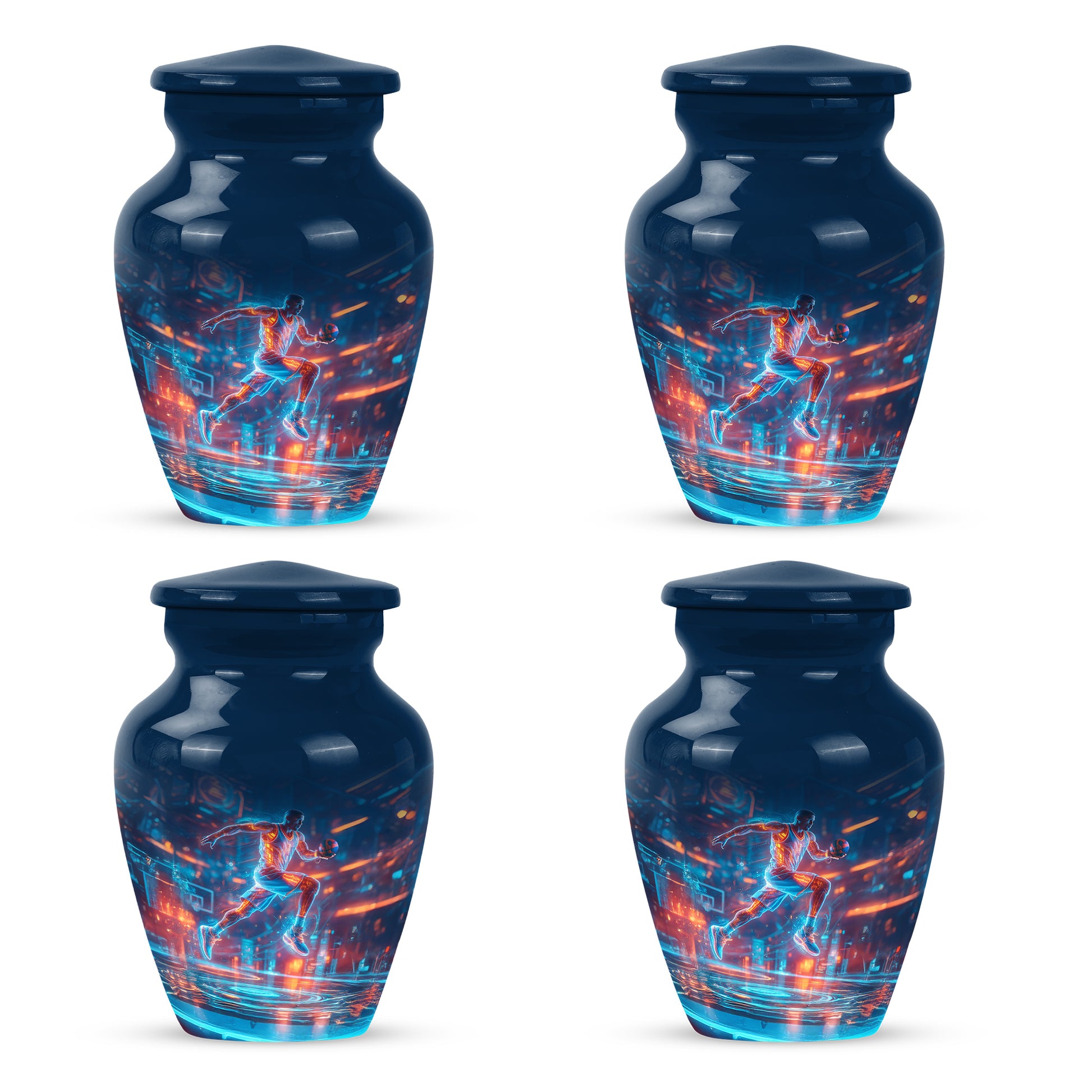 Cornflower Blue Basketball Cremation Urn side profile showing urn shape - elegant classic basketball relief with fine detailing - 10 inch aluminum urn for cremated remains