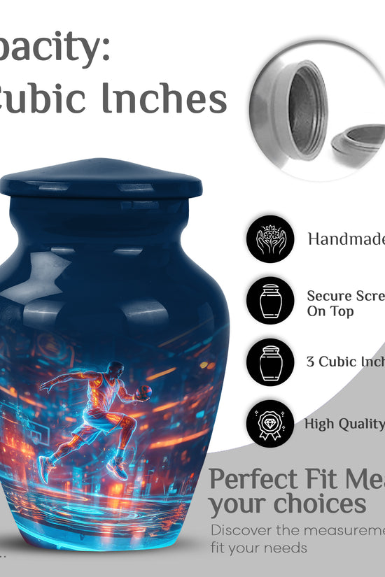 Pastel Blue Basketball Cremation Urn close-up of engraving and surface detail - timeless basketball motif etched into premium metal - mini keepsake memorial for portion of cremation ashes