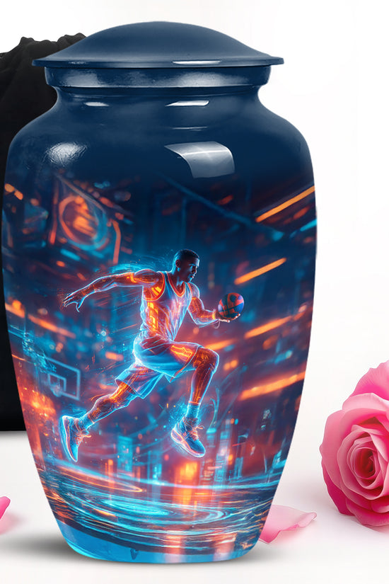 Slate Blue Basketball Cremation Urn angled view of lid and engraved motif - classic sculpted basketball pattern on smooth aluminum - full-size 10 inch 200 cubic inch adult cremation urn