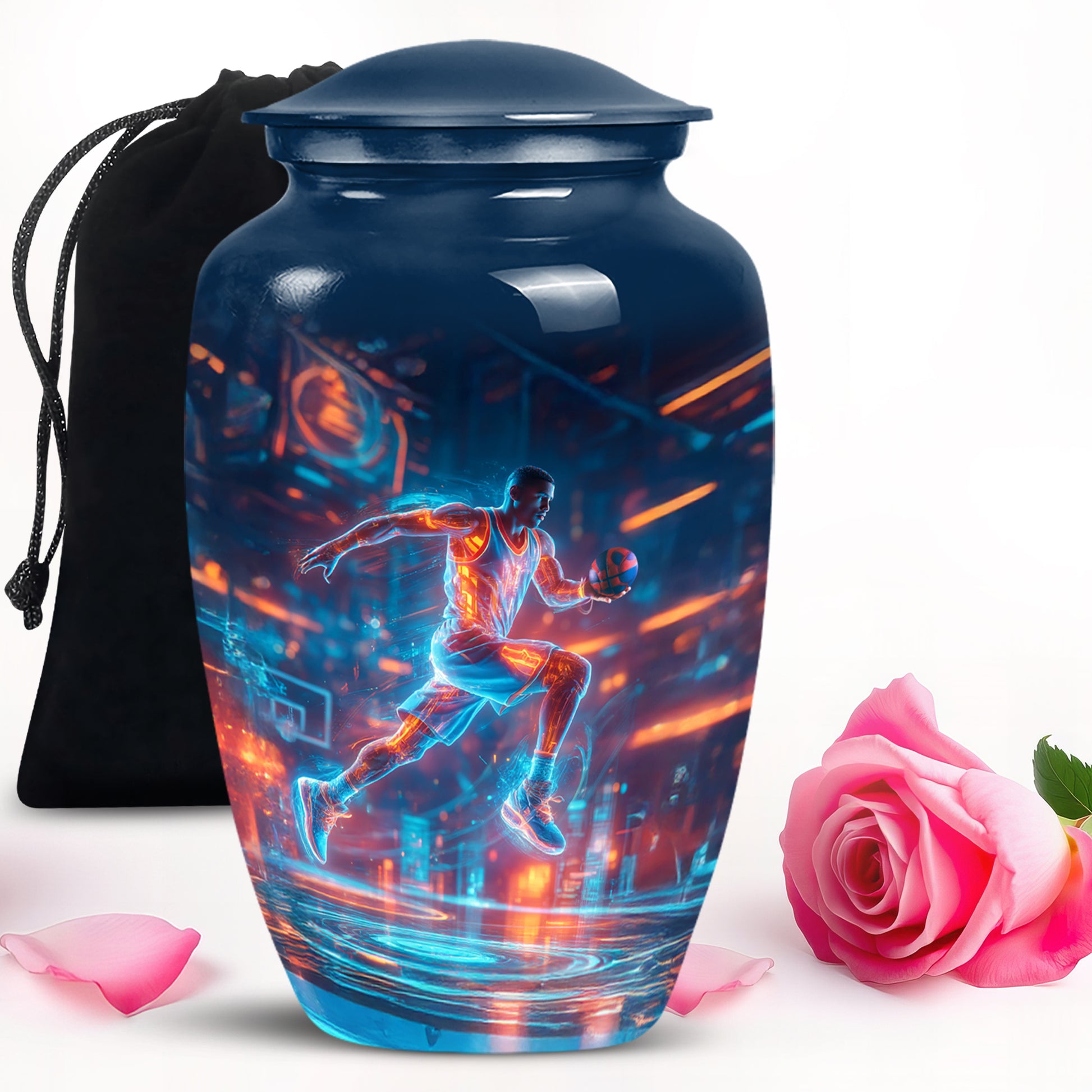 Slate Blue Basketball Cremation Urn angled view of lid and engraved motif - classic sculpted basketball pattern on smooth aluminum - full-size 10 inch 200 cubic inch adult cremation urn