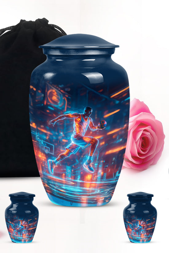 Navy Blue Basketball Cremation Urn top-down view of secure threaded lid - timeless basketball motif etched into premium metal - memorial set with one large and four small urns