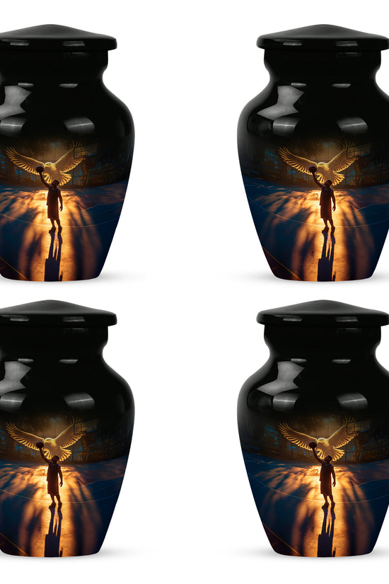 Midnight Black Basketball Cremation Urn side profile showing urn shape - traditional basketball engraving with hand-polished finish - 10 inch aluminum urn for cremated remains