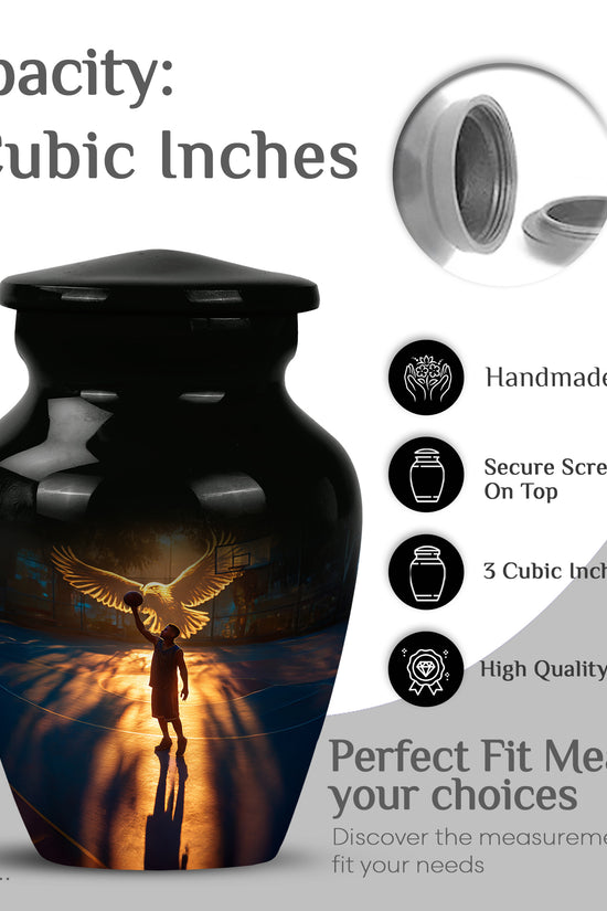 Glossy Black Basketball Cremation Urn close-up of engraving and surface detail - classic sculpted basketball pattern on smooth aluminum - mini keepsake memorial for portion of cremation ashes