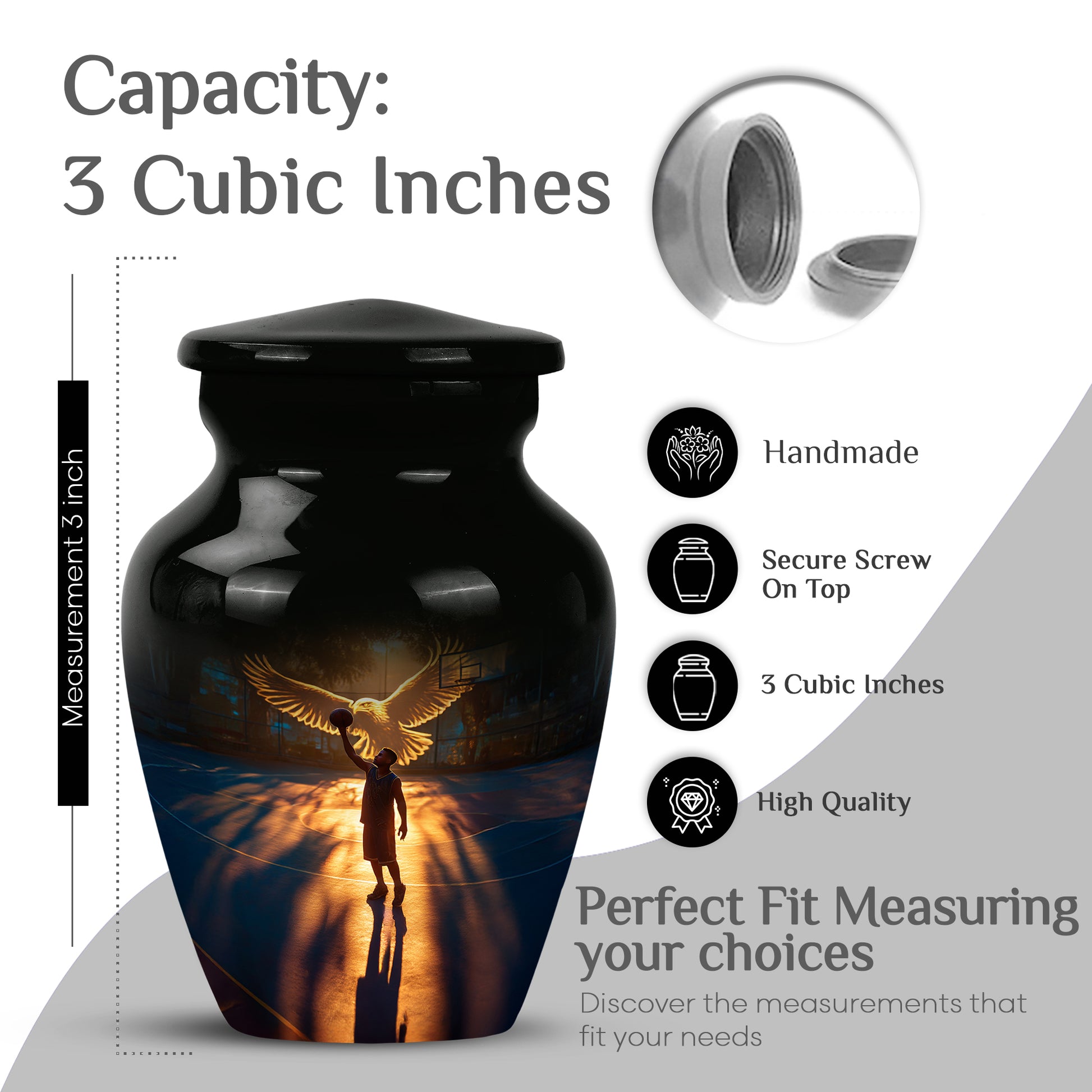 Glossy Black Basketball Cremation Urn close-up of engraving and surface detail - classic sculpted basketball pattern on smooth aluminum - mini keepsake memorial for portion of cremation ashes