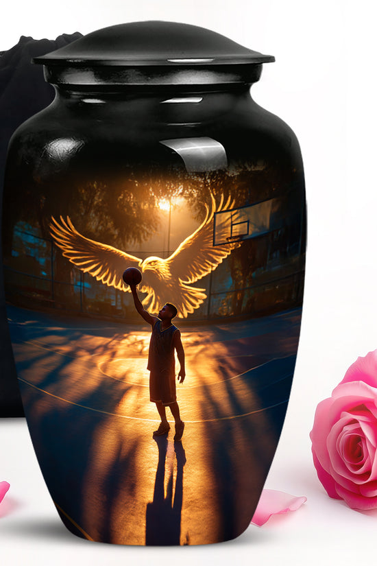 Deep Black Basketball Cremation Urn angled view of lid and engraved motif - timeless basketball motif etched into premium metal - full-size 10 inch 200 cubic inch adult cremation urn