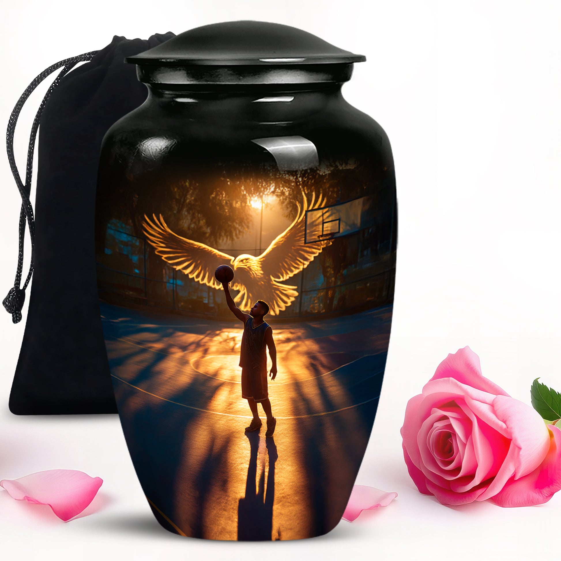 Deep Black Basketball Cremation Urn angled view of lid and engraved motif - timeless basketball motif etched into premium metal - full-size 10 inch 200 cubic inch adult cremation urn