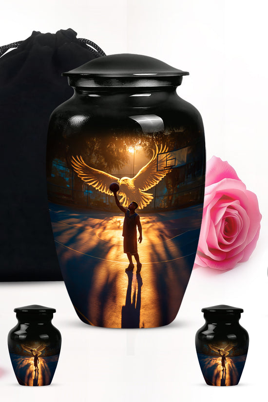 Ebony Basketball Cremation Urn top-down view of secure threaded lid - timeless basketball motif etched into premium metal - memorial set with one large and four small urns