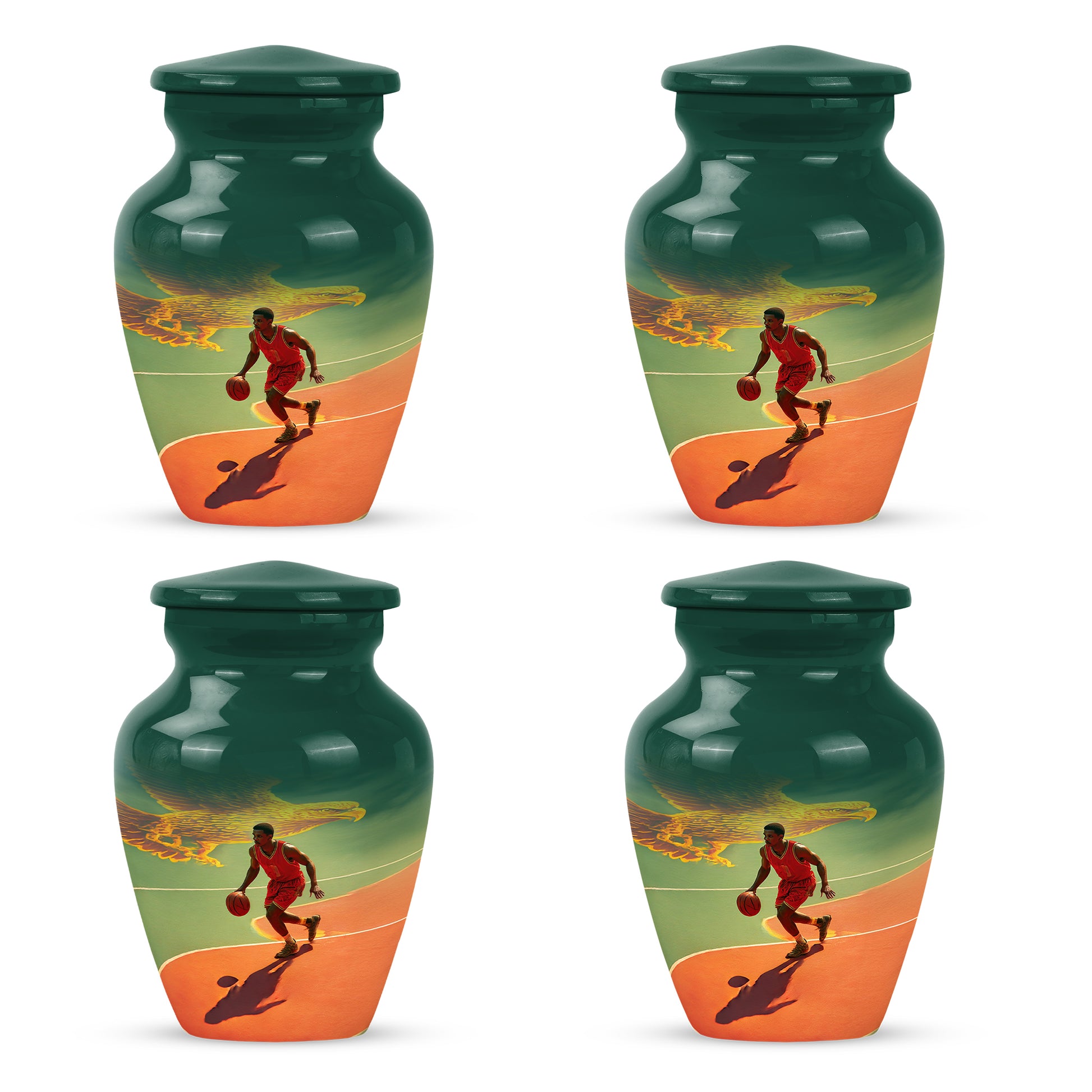 Aqua Teal Basketball Cremation Urn side profile showing urn shape - elegant classic basketball relief with fine detailing - 10 inch aluminum urn for cremated remains