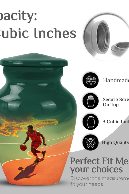 Ocean Teal Basketball Cremation Urn close-up of engraving and surface detail - timeless basketball motif etched into premium metal - mini keepsake memorial for portion of cremation ashes