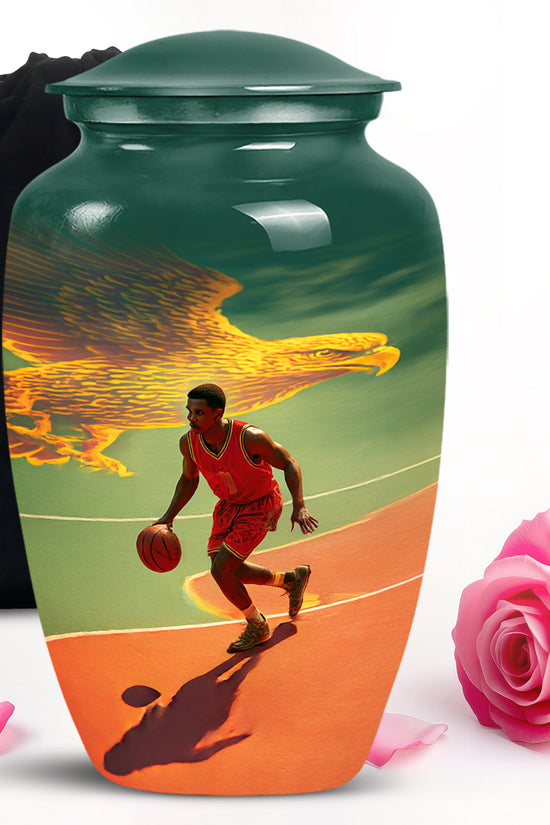 Aqua Teal Basketball Cremation Urn angled view of lid and engraved motif - traditional basketball engraving with hand-polished finish - full-size 10 inch 200 cubic inch adult cremation urn