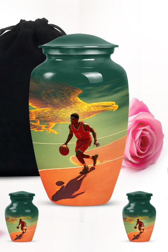 Mystic Teal Basketball Cremation Urn top-down view of secure threaded lid - traditional basketball engraving with hand-polished finish - memorial set with one large and four small urns