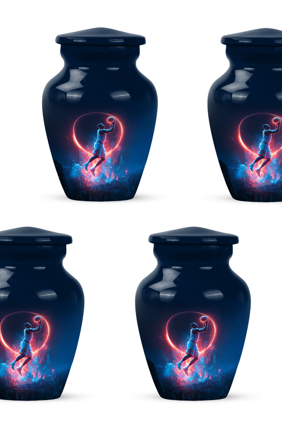 Vivid Blue Basketball Cremation Urn side profile showing urn shape - elegant classic basketball relief with fine detailing - 10 inch aluminum urn for cremated remains