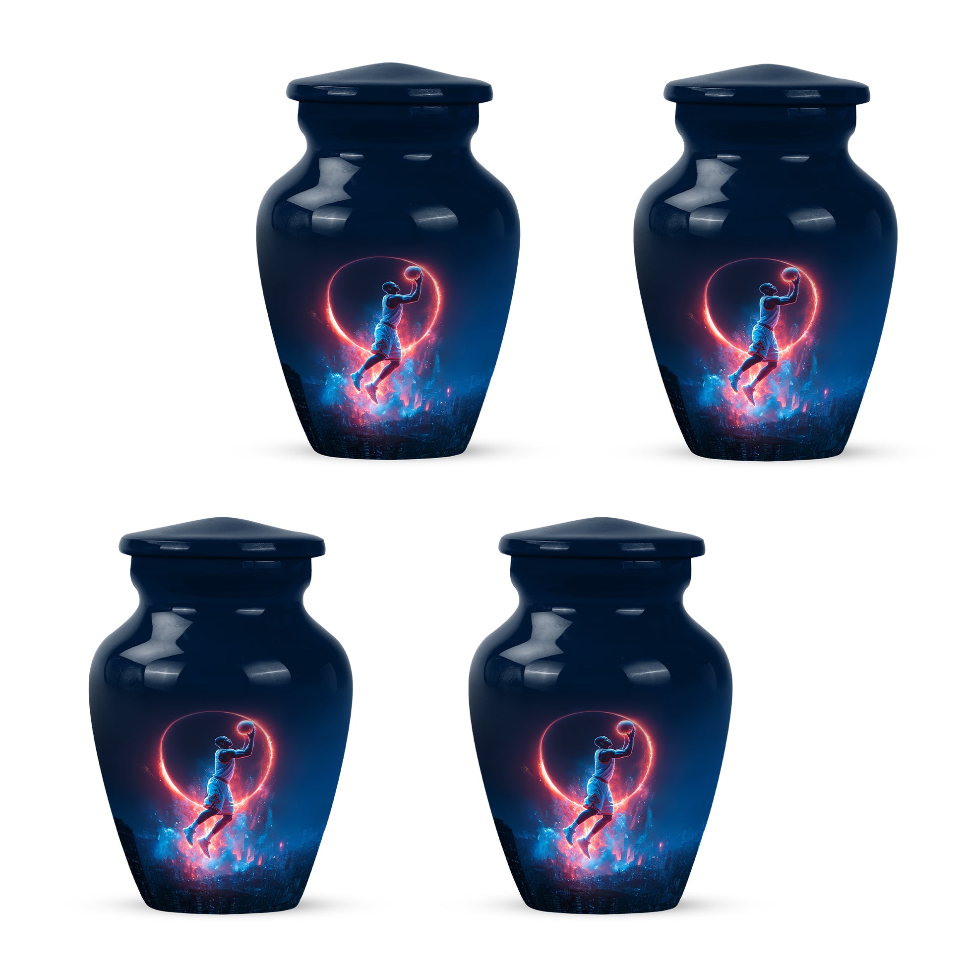 Vivid Blue Basketball Cremation Urn side profile showing urn shape - elegant classic basketball relief with fine detailing - 10 inch aluminum urn for cremated remains