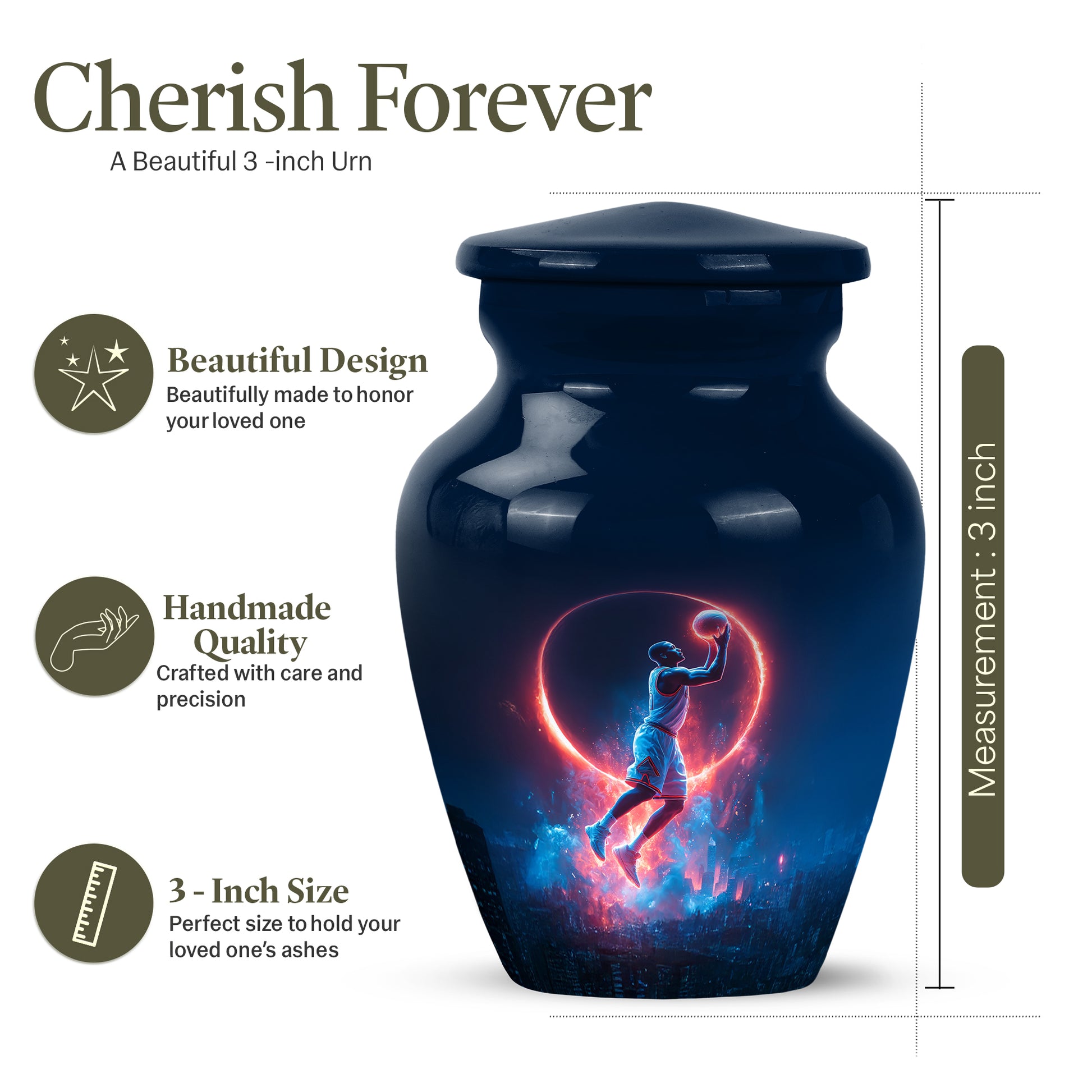 Sky Blue Basketball Cremation Urn close-up of engraving and surface detail - classic sculpted basketball pattern on smooth aluminum - mini keepsake memorial for portion of cremation ashes