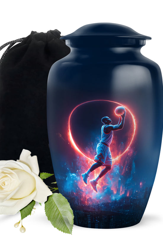 Misty Blue Basketball Cremation Urn angled view of lid and engraved motif - classic sculpted basketball pattern on smooth aluminum - full-size 10 inch 200 cubic inch adult cremation urn