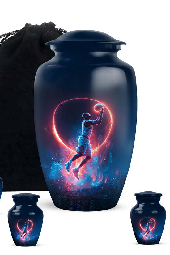 Dusty Blue Basketball Cremation Urn top-down view of secure threaded lid - classic sculpted basketball pattern on smooth aluminum - memorial set with one large and four small urns