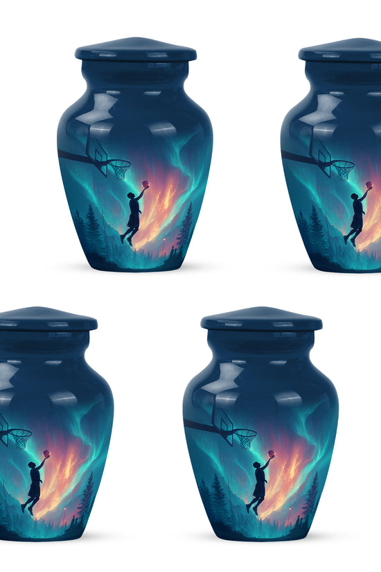 Vivid Blue Basketball Cremation Urn side profile showing urn shape - elegant classic basketball relief with fine detailing - 10 inch aluminum urn for cremated remains