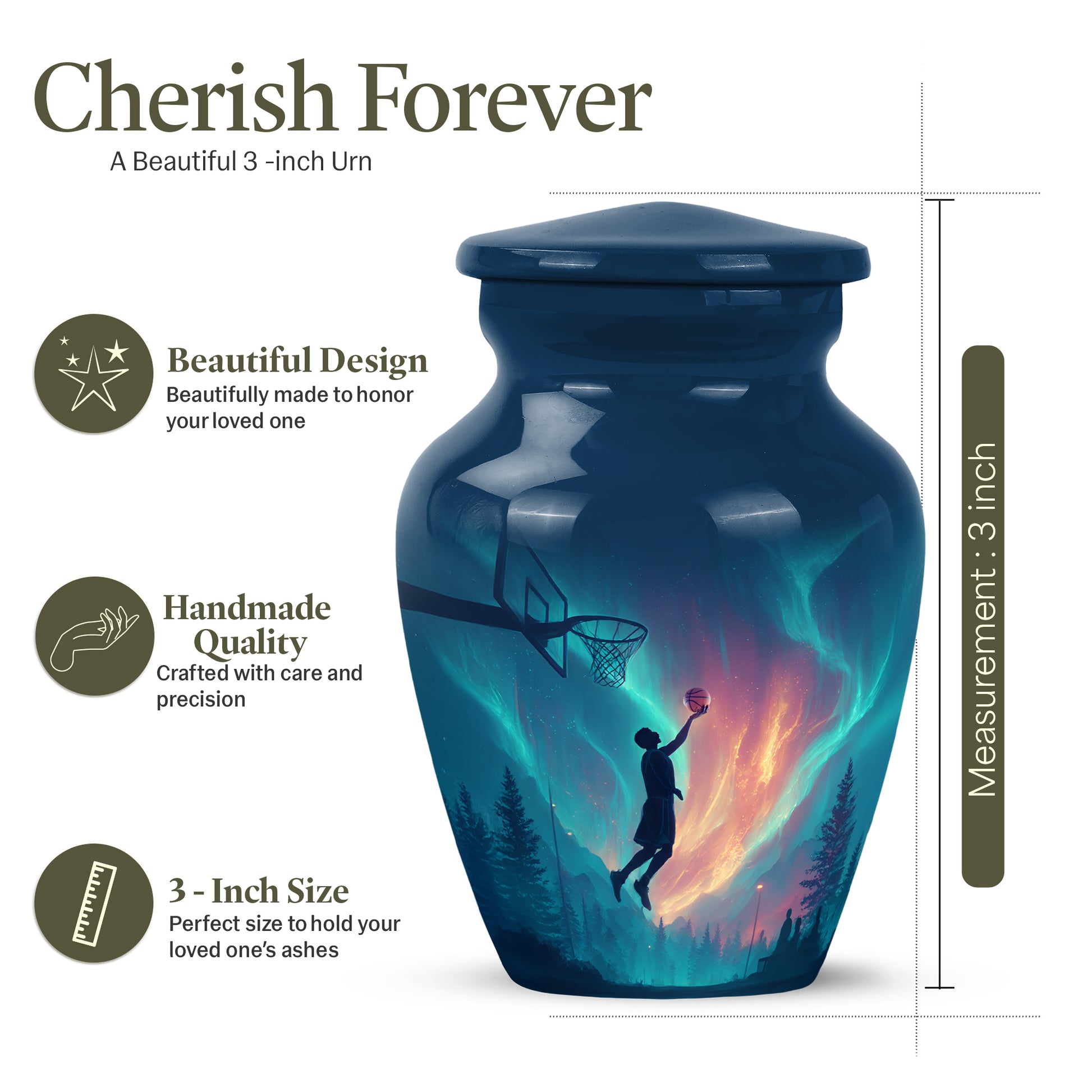 Royal Blue Basketball Cremation Urn close-up of engraving and surface detail - traditional basketball engraving with hand-polished finish - mini keepsake memorial for portion of cremation ashes