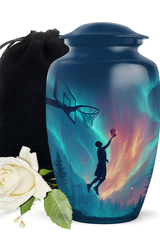Vivid Blue Basketball Cremation Urn angled view of lid and engraved motif - traditional basketball engraving with hand-polished finish - full-size 10 inch 200 cubic inch adult cremation urn