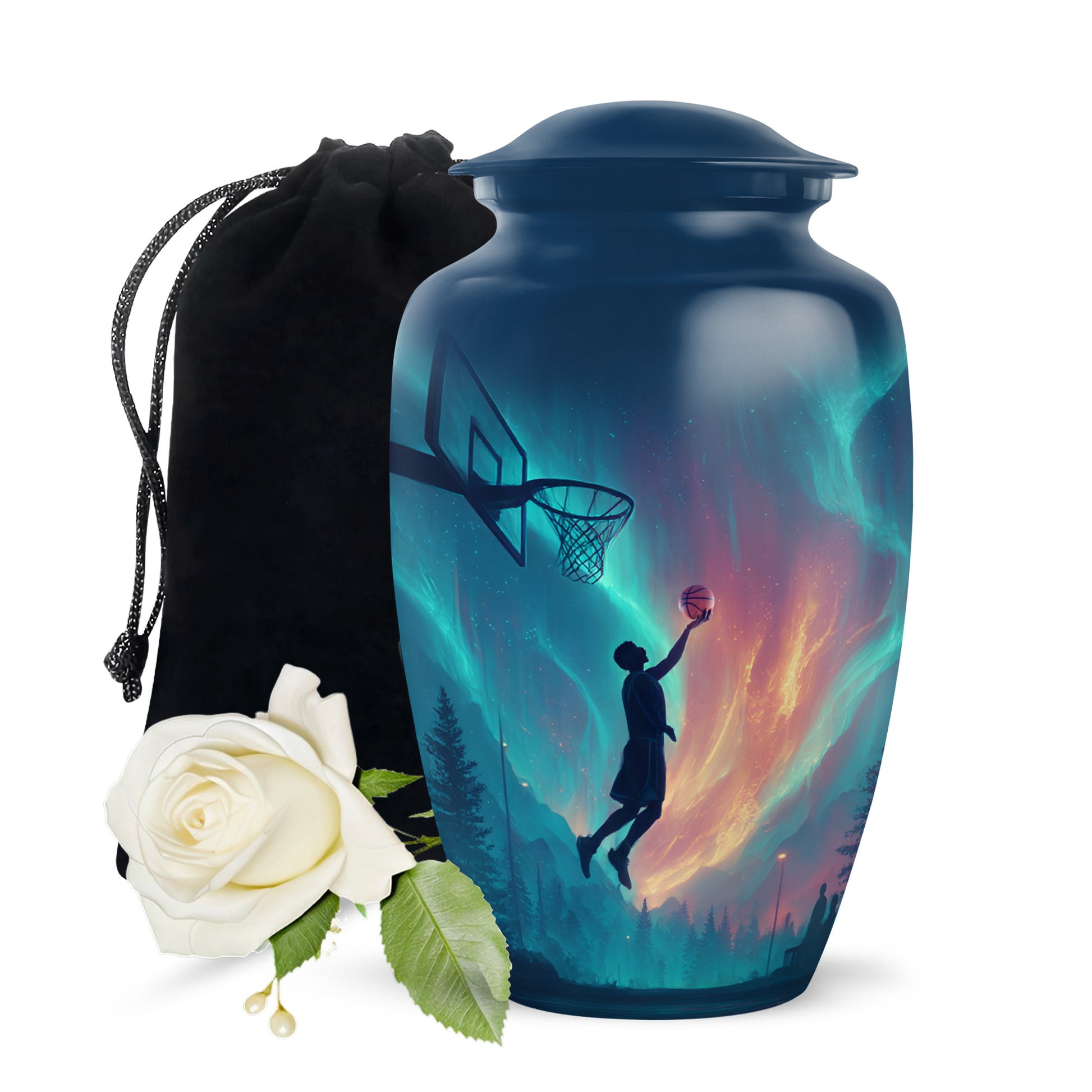 Vivid Blue Basketball Cremation Urn angled view of lid and engraved motif - traditional basketball engraving with hand-polished finish - full-size 10 inch 200 cubic inch adult cremation urn