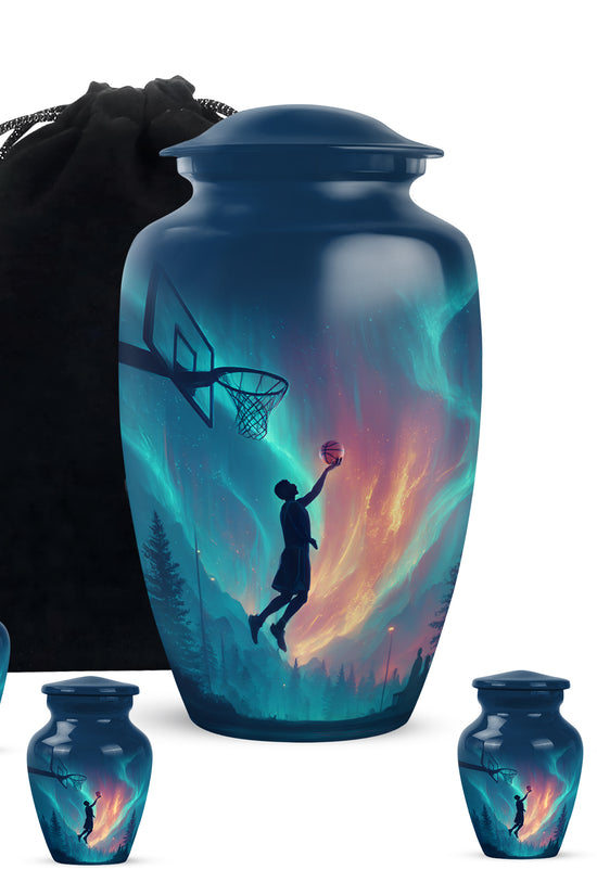 Bright Blue Basketball Cremation Urn top-down view of secure threaded lid - elegant classic basketball relief with fine detailing - memorial set with one large and four small urns
