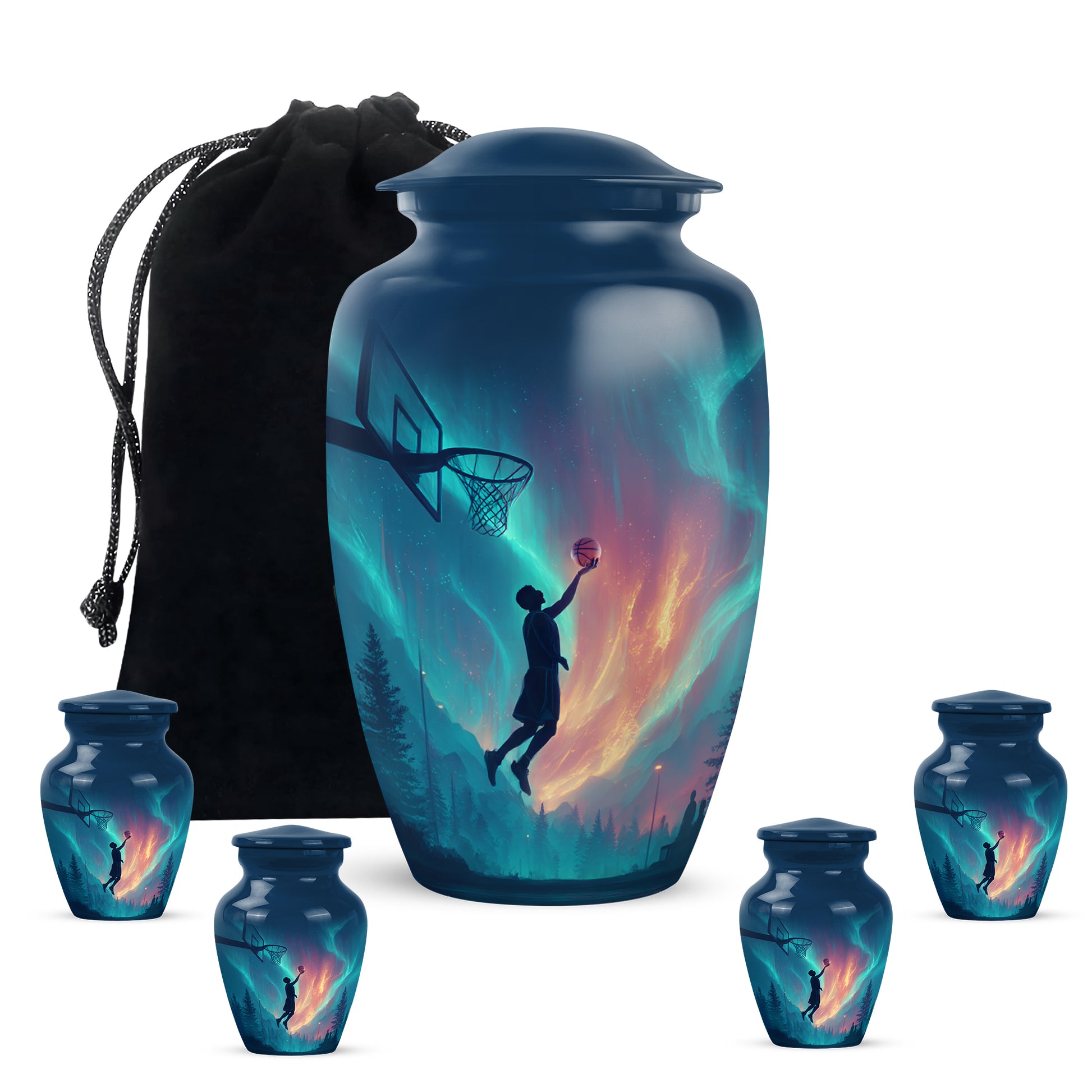 Bright Blue Basketball Cremation Urn top-down view of secure threaded lid - elegant classic basketball relief with fine detailing - memorial set with one large and four small urns
